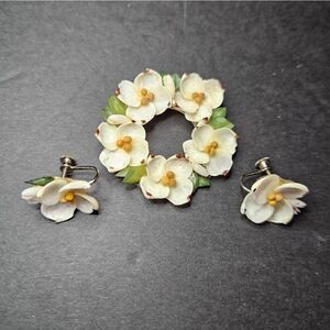 Vintage Hand Crafted Tiny Shell Floral Brooch Pin and Screw Back Earring Set